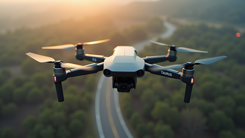 High angle view of a Taurus drone in flight during a search and rescue operation