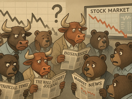 Bulls and bears in suits read newspapers with worried expressions. Stock market chart shows a decline. Papers read "Financial Times" and more.