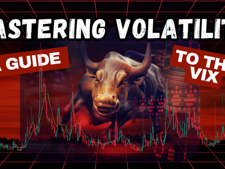 A bull with stock charts and coins in the background. Text: "Mastering Volatility: A Guide to the VIX." Red and black theme.