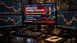 Three monitors display financial charts and news about Middle East tensions. Desk items include a keyboard and notebook. Mood is tense.