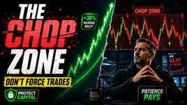 Trading thumbnail with man at desk, green rally chart vs red chop zone, and text: THE CHOP ZONE, DON'T FORCE TRADES, PATIENCE PAYS
