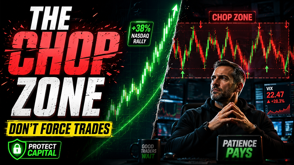 Trading thumbnail with man at desk, green rally chart vs red chop zone, and text: THE CHOP ZONE, DON'T FORCE TRADES, PATIENCE PAYS