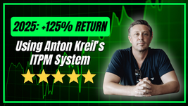 Anton Kreil against green graph background. Text: "2025: +125% RETURN Using Anton Kreil's ITPM System" with five-star rating.