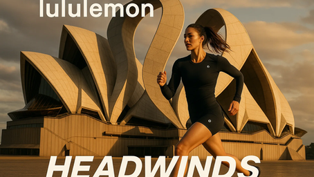 Woman in black athletic wear jogs past the Sydney Opera House at sunset. Text reads "lululemon" and "HEADWINDS." Energetic mood.