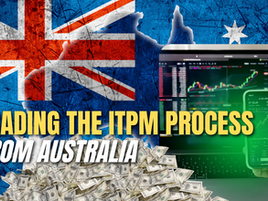 Australian flag overlayed on laptop and phone with stock charts. Pile of cash below. Text: "TRADING THE ITPM PROCESS FROM AUSTRALIA".