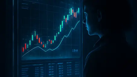 A person examines a glowing digital trading chart on a screen, with rising graphs in blue and red. The mood is focused and analytical.