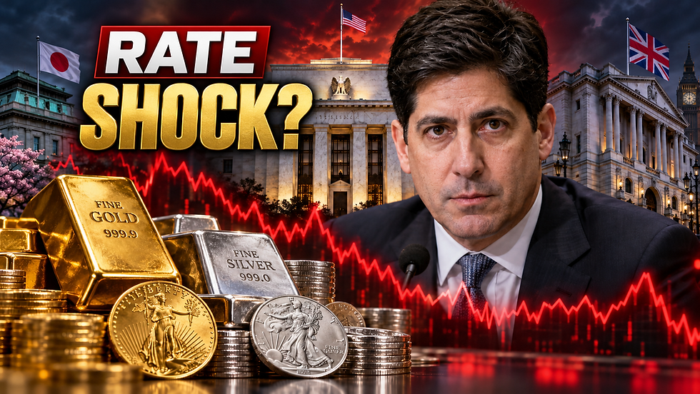 Federal Reserve Chair Kevin Warsh with gold and silver bullion ahead of Fed, BOJ and BOE interest-rate decisions.