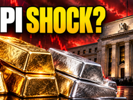 Gold and silver bullion bars in front of the Federal Reserve building against a red market backdrop, with the headline “CPI SHOCK?”