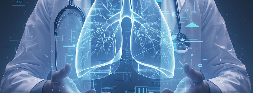 A doctor is acting as if they are holding a digital hologram of the lungs, where silica dust gathers and develops into silicosis.