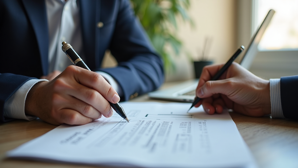 Close-up view of a financial advisor reviewing documents with a small business owner