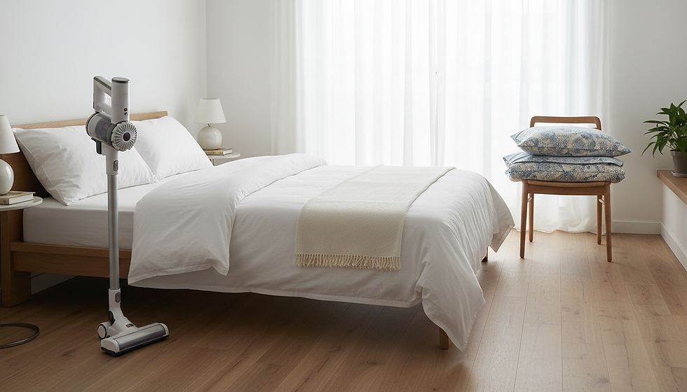 Eye-level view of a cleaner making a bed with fresh white linens in a cozy Waco guest room.