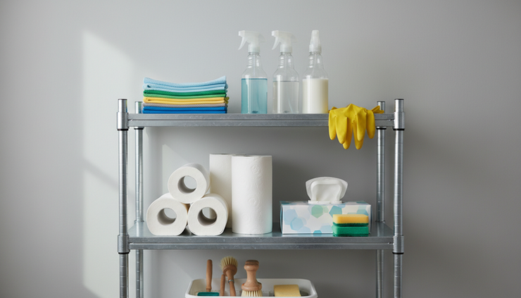 Close-up of neatly arranged cleaning supplies on a utility shelf
