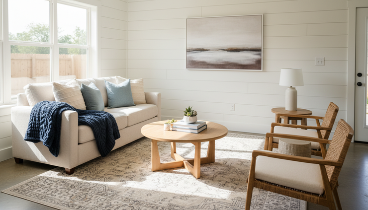 Wide-angle view of a clean Waco short-term rental living room with folded blankets and natural light.