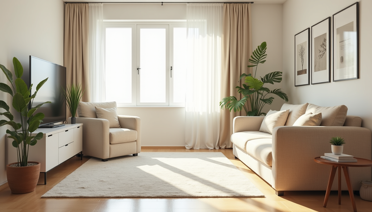 Eye-level view of a freshly cleaned living room with sunlight streaming through windows