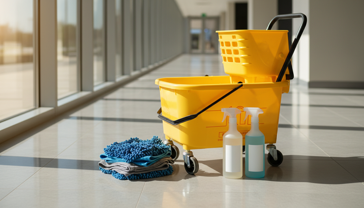 Close-up of a mop bucket and microfiber cloths beside a clean tiled corridor