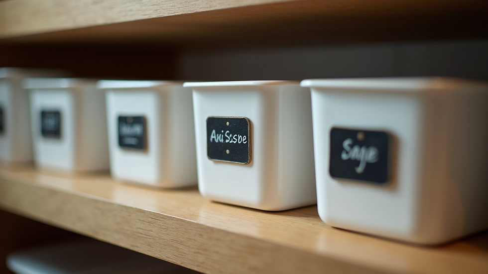 Close-up view of neatly labeled storage bins in a pantry