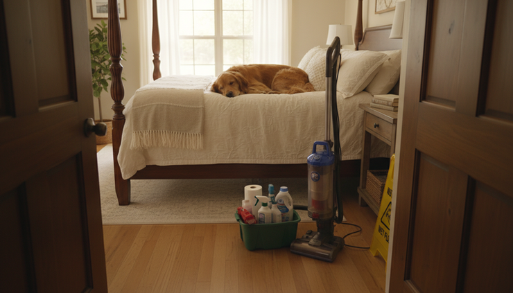 Wide-angle view of a calm dog resting in a cozy room during house cleaning