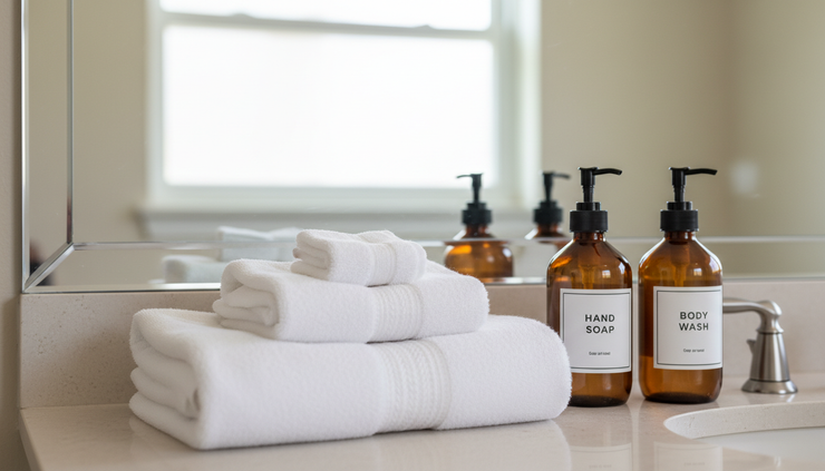 Close-up of freshly folded white towels and refillable soap bottles in a short-term rental bathroom.