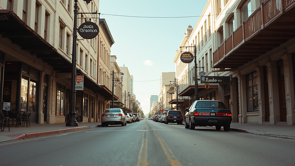 Eye-level view of a busy downtown street in Waco with local shops and signage