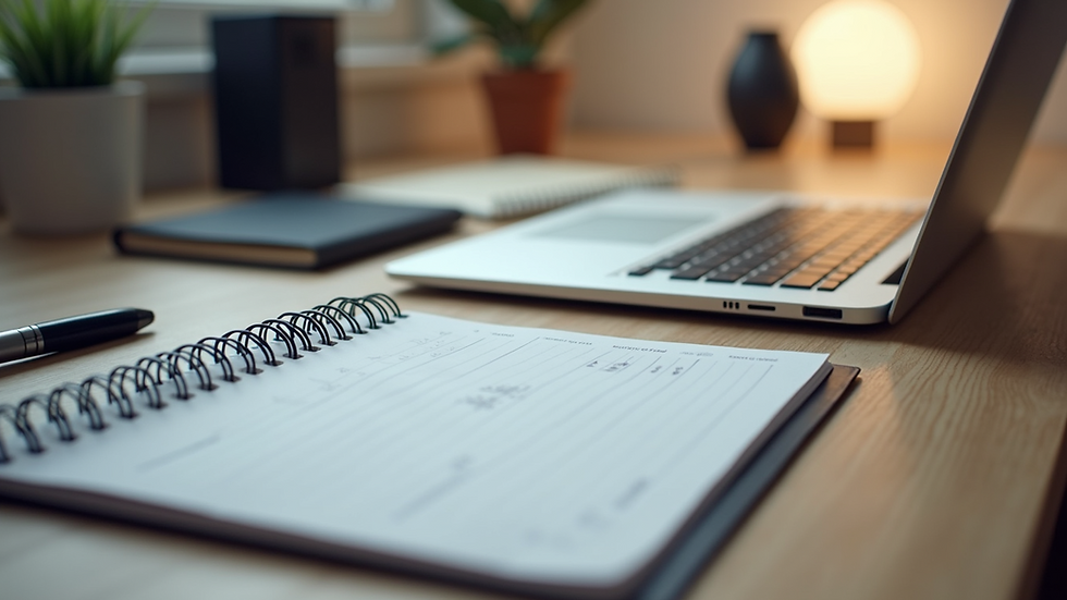 Eye-level view of a neatly organized home office desk with a planner and laptop