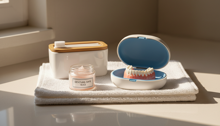 Eye-level view of denture repair supplies arranged beside a denture case.