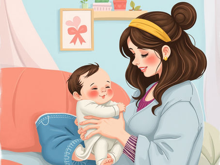 A mother gently cradles a smiling baby on a cozy sofa. Soft pastel colors, cute decor on the wall, and a warm, loving atmosphere.