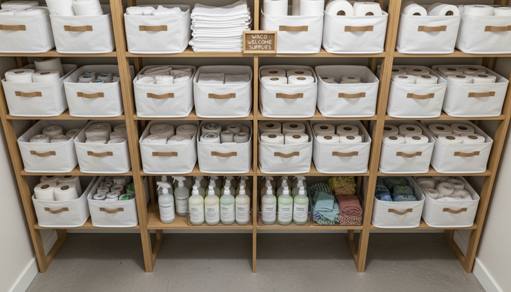 Overhead view of labeled cleaning supplies, fresh linens, and paper goods arranged in a rental storage closet.