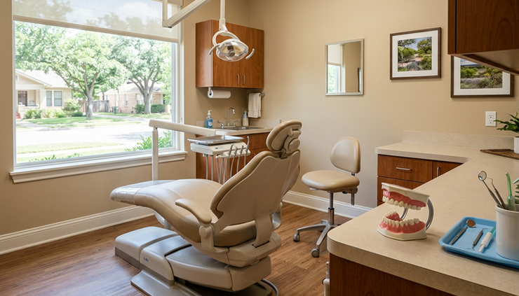 Eye-level view of a friendly denture consultation room with a dental chair and denture model