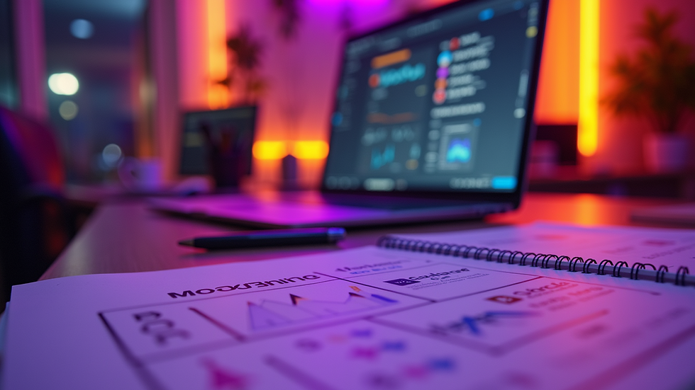 Eye-level view of a modern office desk with a laptop and marketing strategy notes