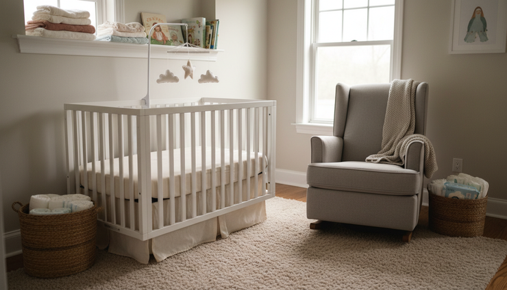 Wide-angle view of a cozy nursery with a crib, soft rug, and neatly folded baby blankets