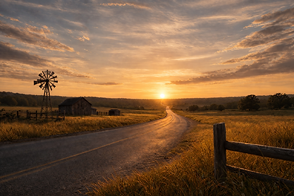 Sunset over rural countryside road.png