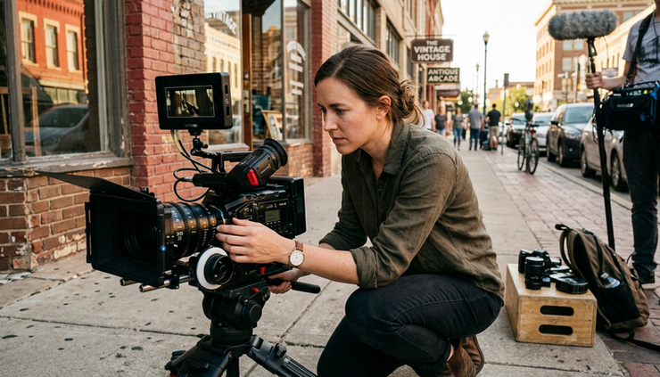 Close-up view of a filmmaker adjusting a cinema camera on a sidewalk in downtown Waco.