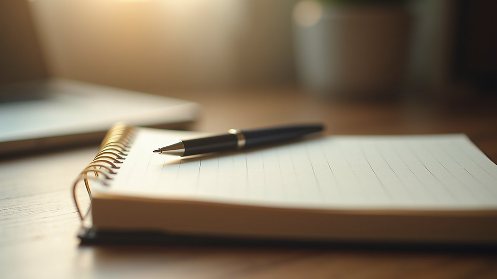 Close-up view of a journal and pen on a wooden table with soft natural light