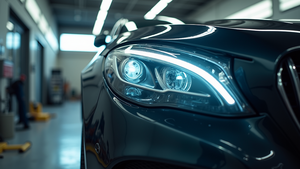 High angle view of a car in a workshop receiving professional windshield protection service