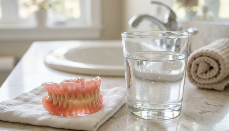 Close-up view of clean dentures resting beside a glass of water.