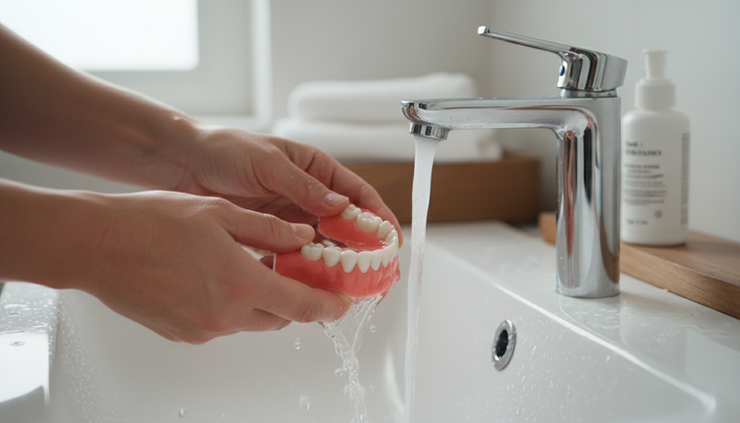 Close-up view of hands rinsing a clean denture over a bathroom sink