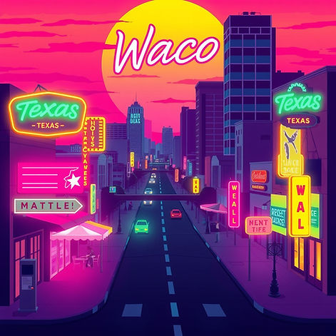 Waco, Texas. Retrowave, neonwave-themed.