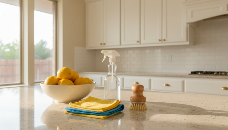 Eye-level view of a clean kitchen counter with supplies ready for a deep cleaning session
