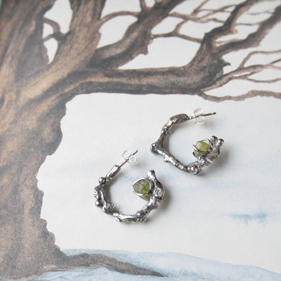 Thumbnail: Silver twig earrings with peridot gemstones, hoop earrings