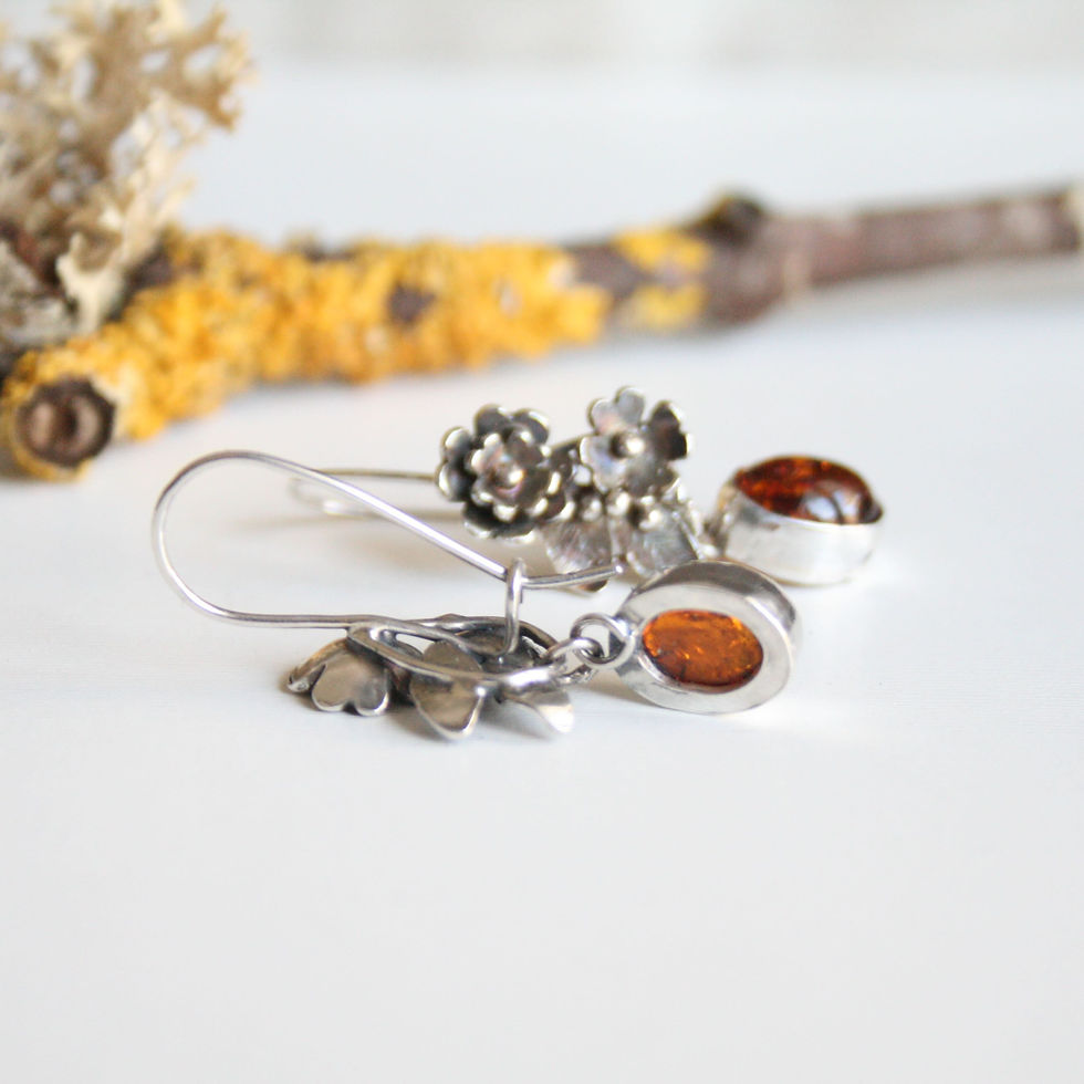 Thumbnail: Unique silver and amber botanical earrings