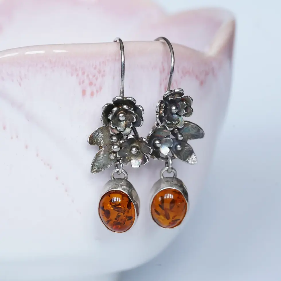 Unique silver and amber botanical earrings