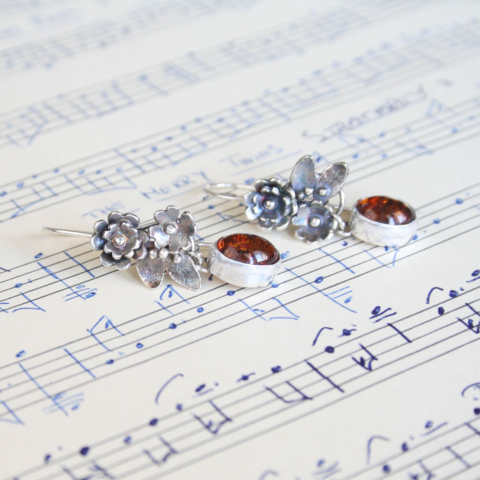 Thumbnail: Unique silver and amber botanical earrings
