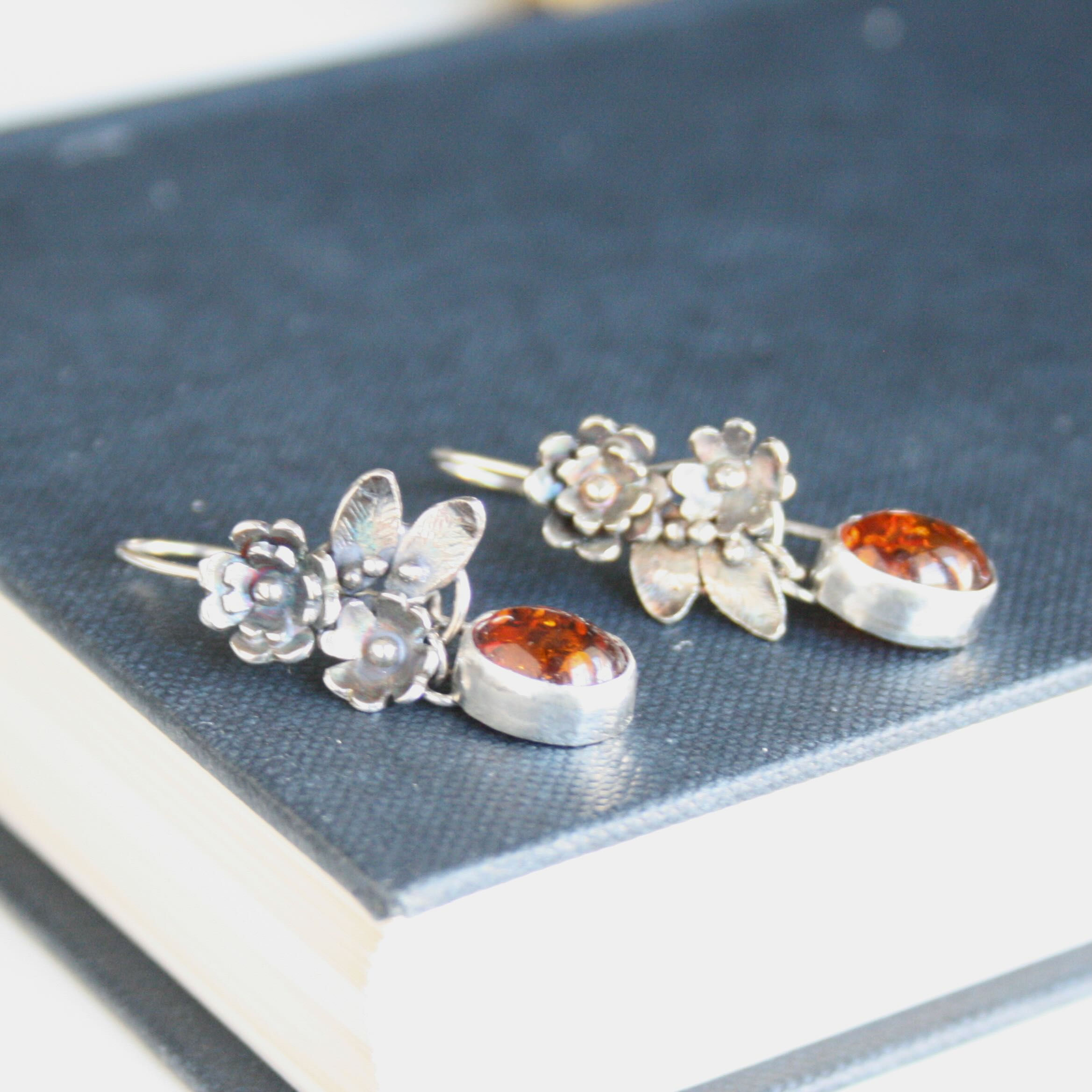 Unique silver and amber botanical earrings