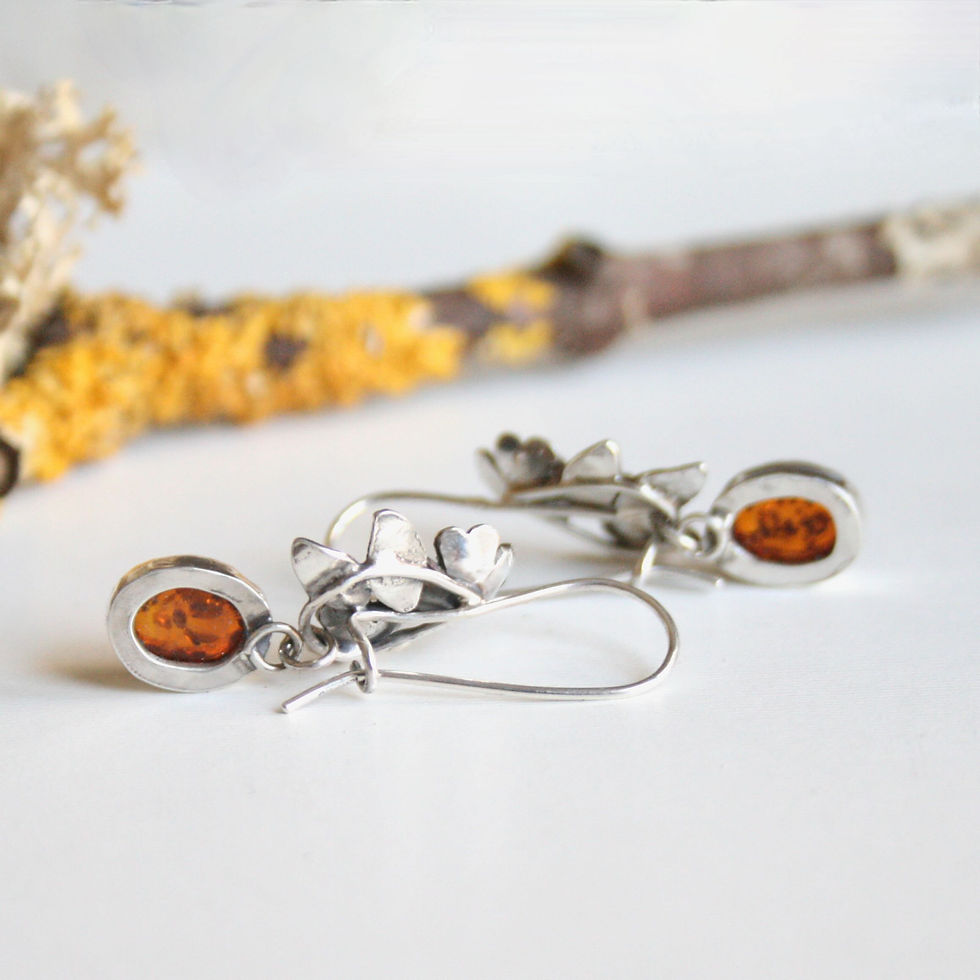Thumbnail: Unique silver and amber botanical earrings