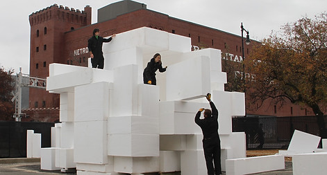 Ensamble Studio principals Debora Mesa and Anton Garcia-Abril building Cubic Igloo structure at MIT POPlab