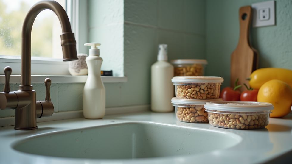Eye-level view of kitchen sink area with cleaning supplies and sealed food containers