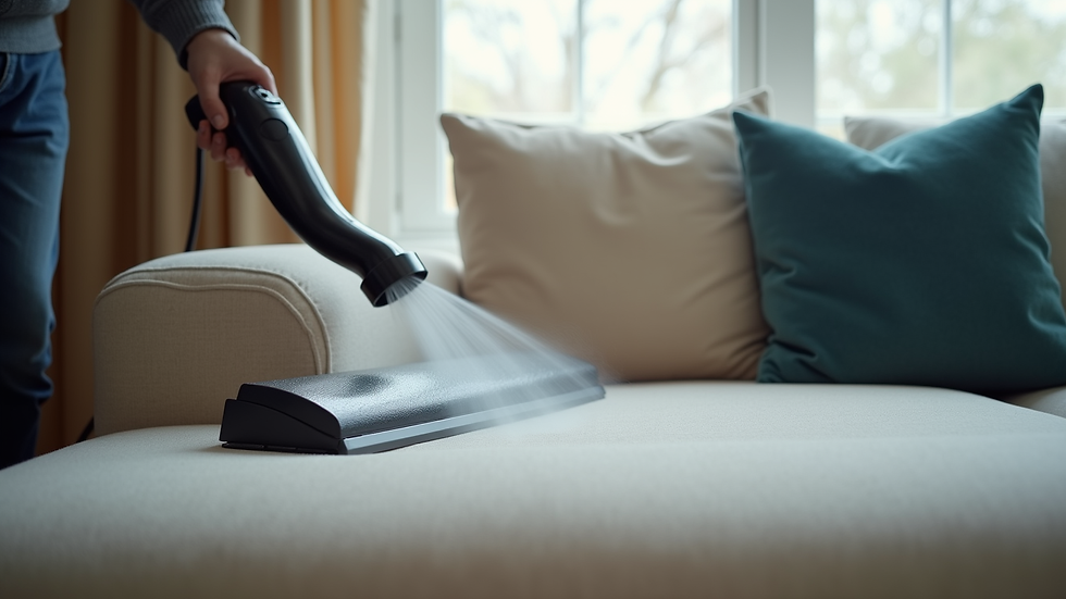 Eye-level view of steam cleaner being used on sofa