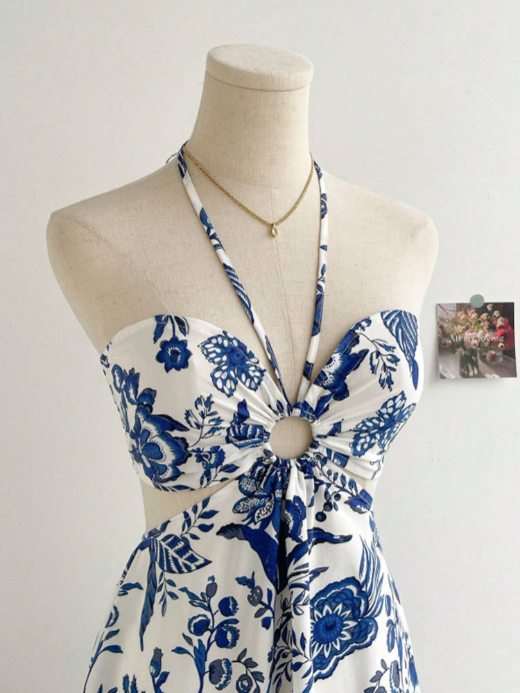 Thumbnail: Women's Romantical Floral Print Halter Neck Sexy Fashionable Dress Easy to Creat