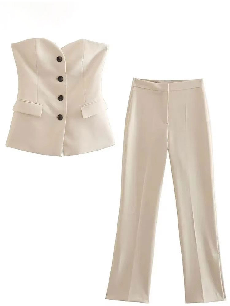 Thumbnail: HH Women Elegant Solid Pant Suit Front Button Strapless Sexy Tank Tops + Side Sl