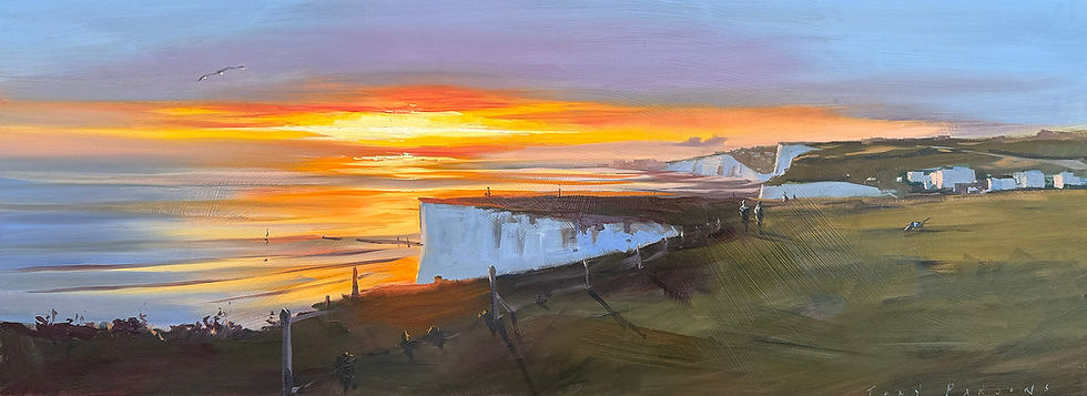 Oil painting of peacehaven chalk cliffs at sunset, glowing orange and gold over the sea with long shadons and dramatic light.